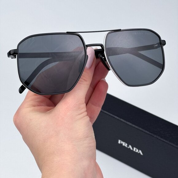 Prada Men BRAND NEW Sunglasses Black Polarized Dark Grey Pilot PR59YS 1AB5Z1 - Picture 1 of 10